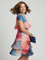 Women's Graceful Marble Print Knee Dress - Fluid Floral Tiered Fit