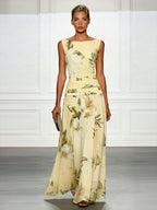 Fresh Sleeveless Party Maxi Dress with Boat Neckline & Print