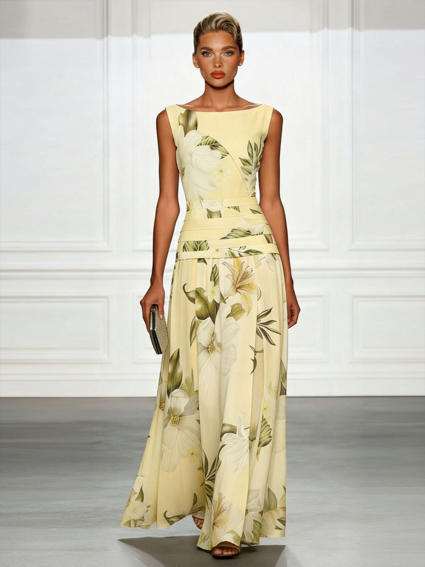 Fresh Sleeveless Party Maxi Dress with Boat Neckline & Print
