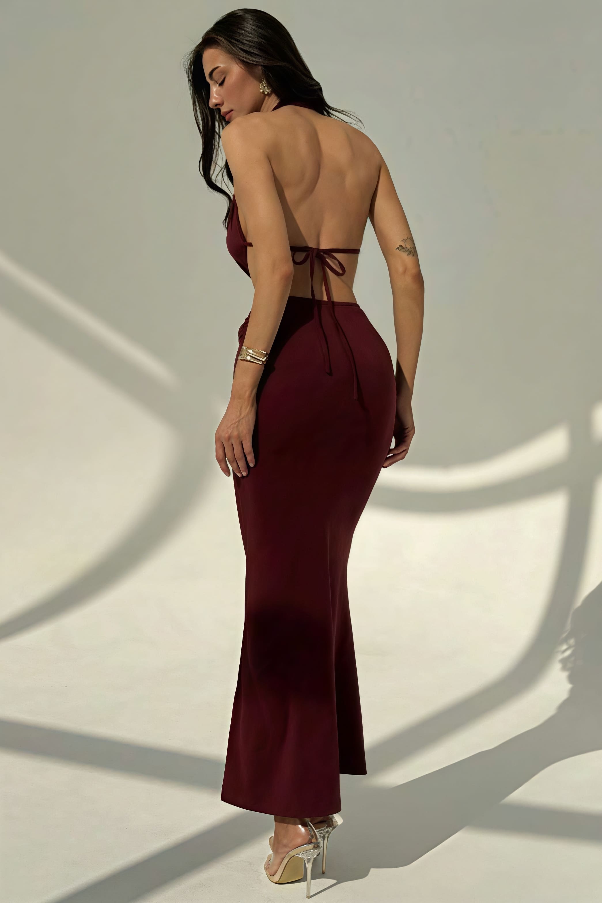 Women's Deep V-Neck Maxi Dress - Backless Bodycon & Metal Detail