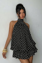 Women's Polka Dot Halter Mini Dress - Backless Lace-Up Flared