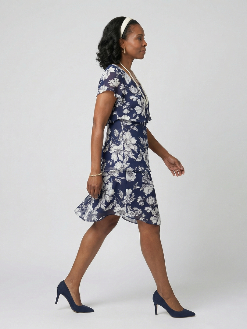 Women's Subtle Floral Knee Length Dress - Tiered Relaxed Silhouette