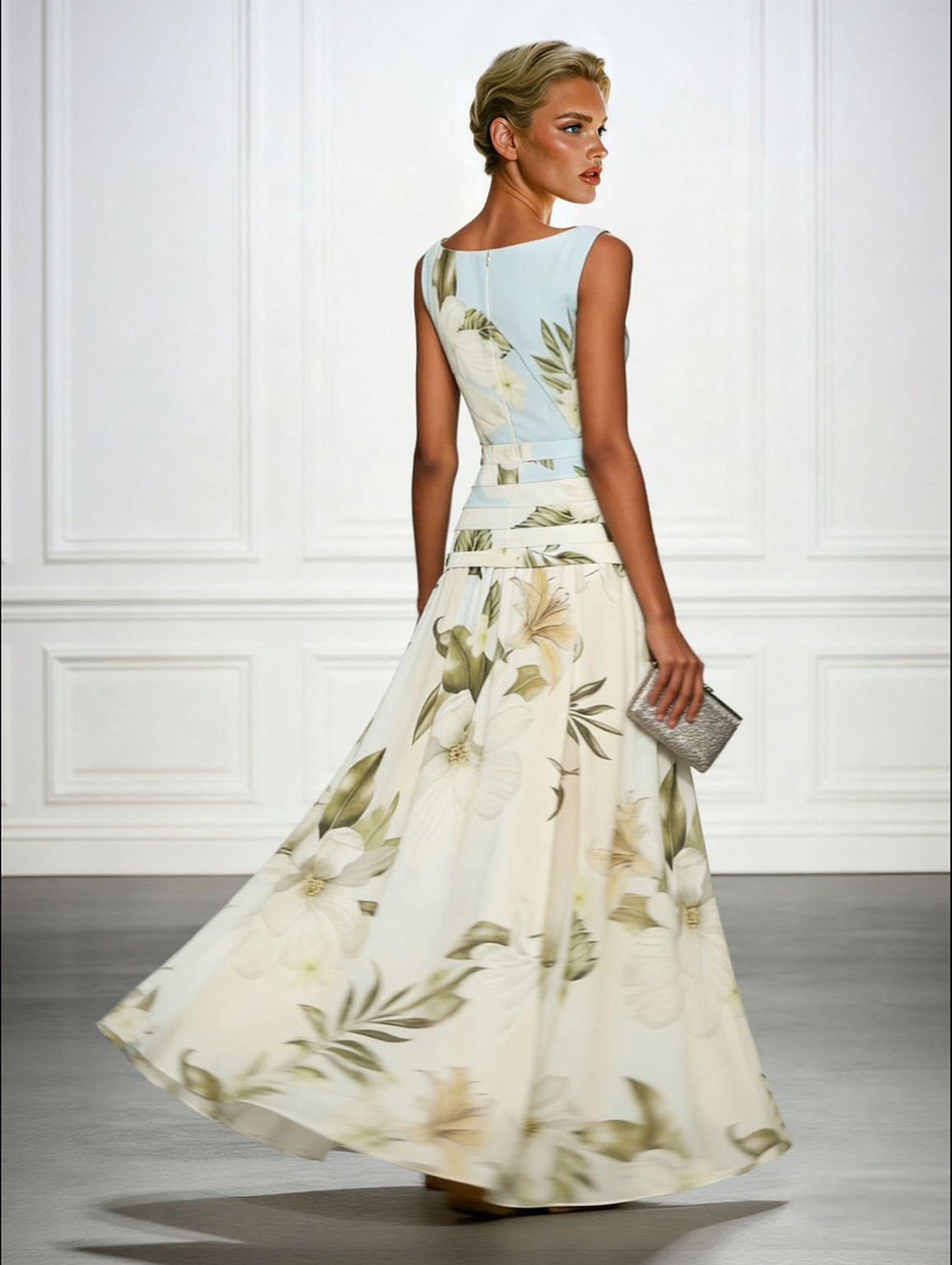 Fresh Sleeveless Party Maxi Dress with Boat Neckline & Print