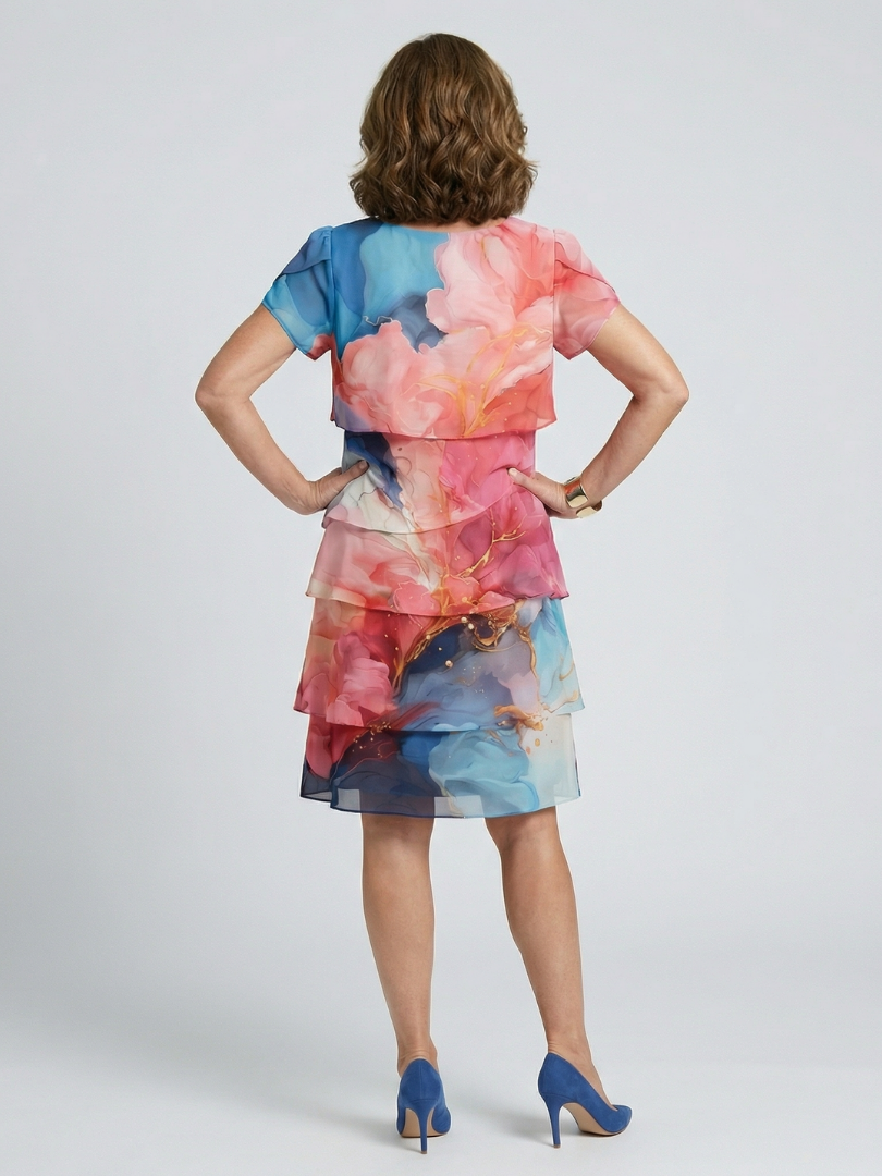 Women's Graceful Marble Print Knee Dress - Fluid Floral Tiered Fit