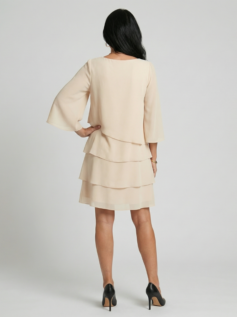 Women's Layered Flare Sleeve Knee Dress - Soft Flowing Fit