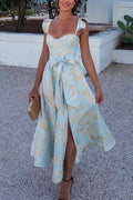 Party Dress with Ruffle Shoulders, Bow Belt & Side Slit