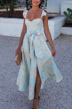Party Dress with Ruffle Shoulders, Bow Belt & Side Slit