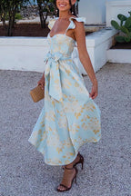 Party Dress with Ruffle Shoulders, Bow Belt & Side Slit