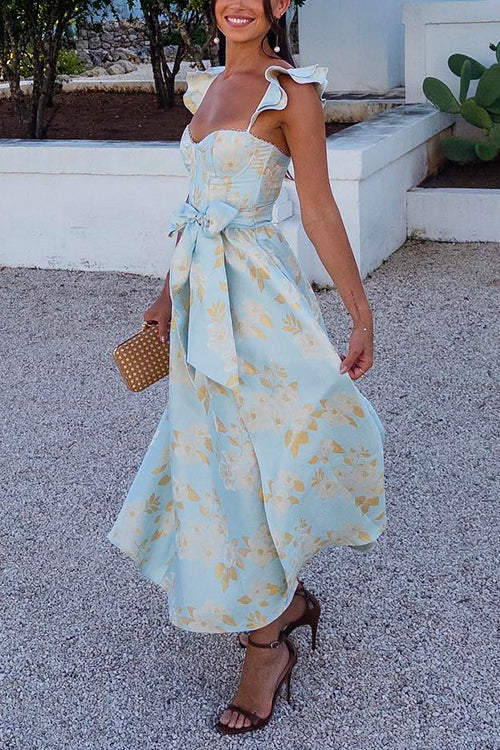 Party Dress with Ruffle Shoulders, Bow Belt & Side Slit