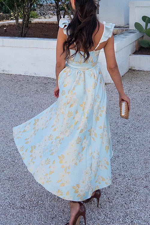 Party Dress with Ruffle Shoulders, Bow Belt & Side Slit