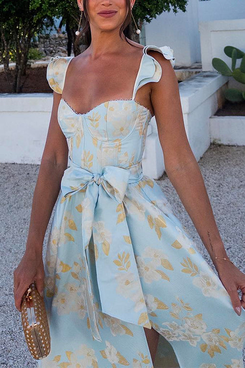Party Dress with Ruffle Shoulders, Bow Belt & Side Slit