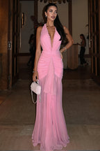 Women's Halter Mermaid Maxi Dress - High Waist & Tie Strap Detail