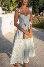 Party Dress with Ruffle Shoulders, Bow Belt & Side Slit