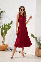 Women's Pleated Halter Neck Dress - Sleeveless Flowing Silhouette