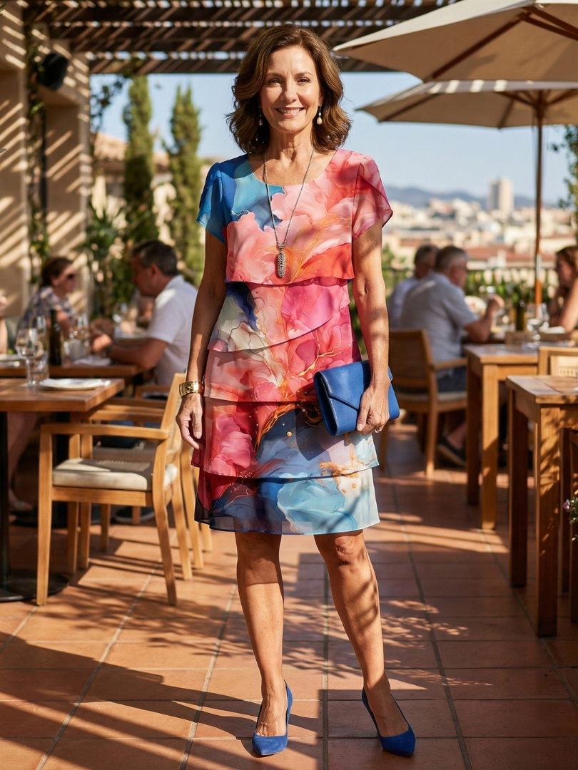 Women's Graceful Marble Print Knee Dress - Fluid Floral Tiered Fit