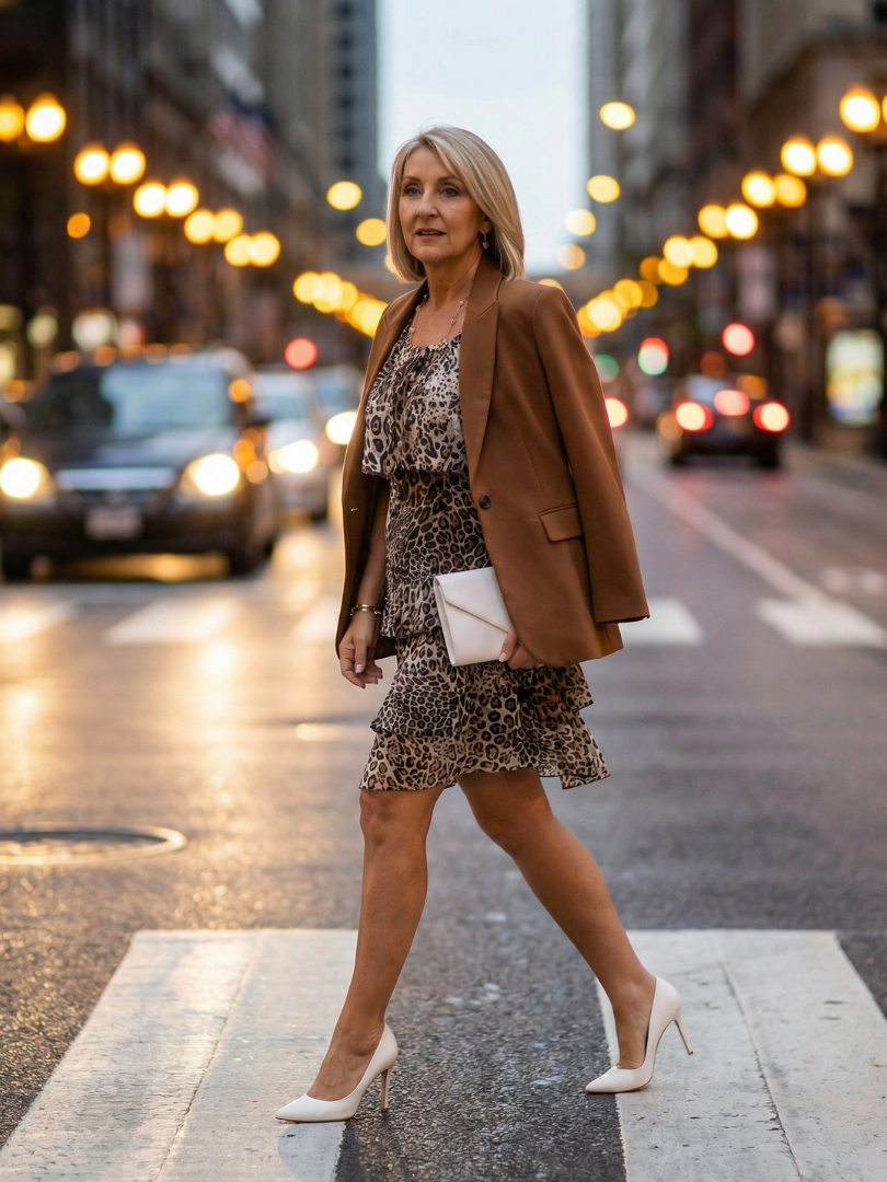 Women's Chic Animal Print Knee Length Dress - Relaxed Tiered Design