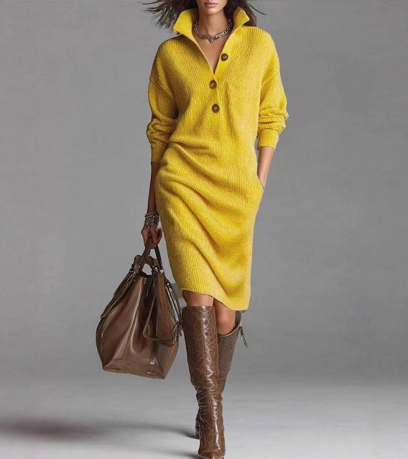 Women's Knit Winter Dress – Button Detail