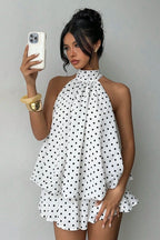 Women's Polka Dot Halter Mini Dress - Backless Lace-Up Flared