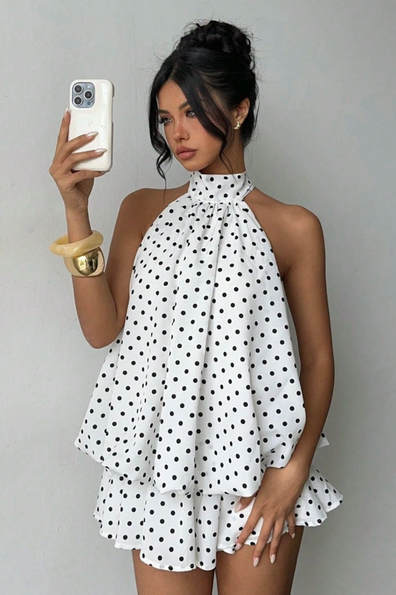 Women's Polka Dot Halter Mini Dress - Backless Lace-Up Flared