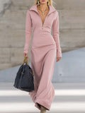 Women's V-Neck Long Sleeve Fall Dress – Front Zipper