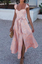 Party Dress with Ruffle Shoulders, Bow Belt & Side Slit