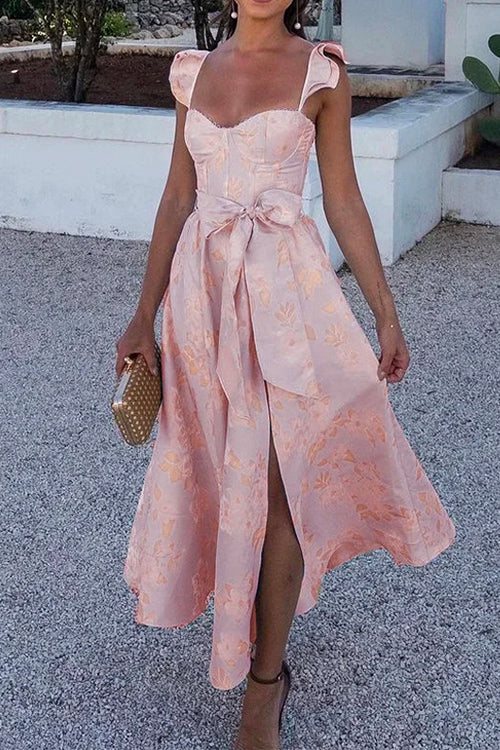 Party Dress with Ruffle Shoulders, Bow Belt & Side Slit
