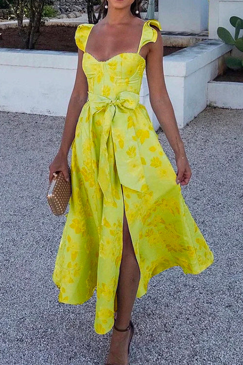 Party Dress with Ruffle Shoulders, Bow Belt & Side Slit