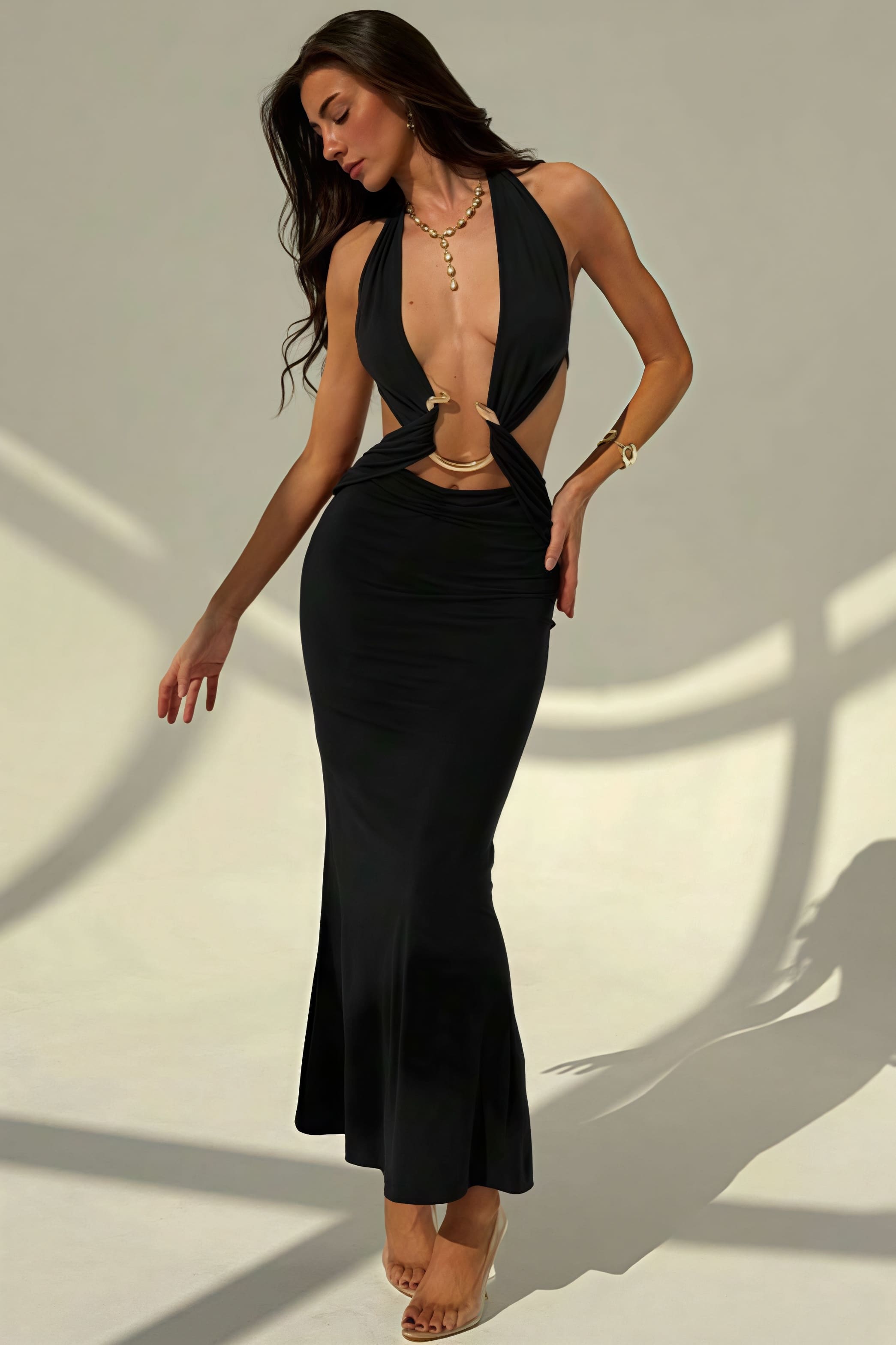 Women's Deep V-Neck Maxi Dress - Backless Bodycon & Metal Detail