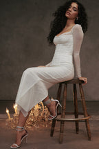 Women's Mesh Long Sleeve Maxi Dress - Sheath Fit & Lace Patchwork