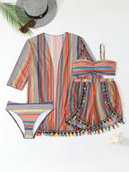 4-Piece Bikini Set - Cover-Up Shirt and Beach Shorts