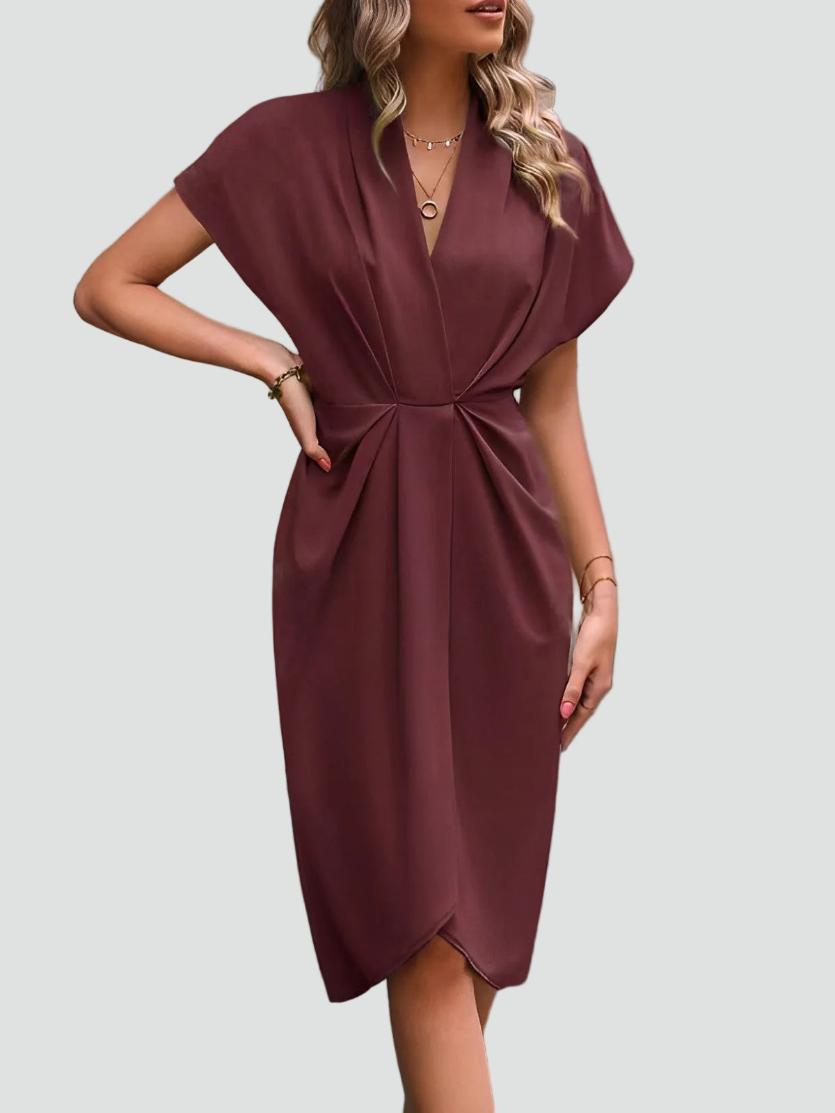 Women's Wrap Midi Dress - Surplice Neck Tie Waist Cocktail Style