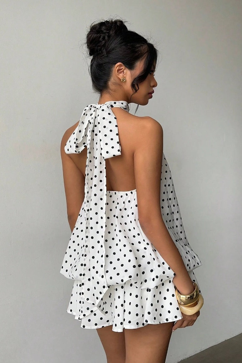 Women's Polka Dot Halter Mini Dress - Backless Lace-Up Flared