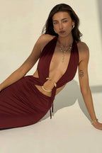 Women's Deep V-Neck Maxi Dress - Backless Bodycon & Metal Detail