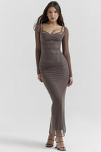 Women's Mesh Long Sleeve Maxi Dress - Sheath Fit & Lace Patchwork