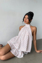 Women's Polka Dot Halter Mini Dress - Backless Lace-Up Flared