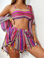 4-Piece Bikini Set - Cover-Up Shirt and Beach Shorts