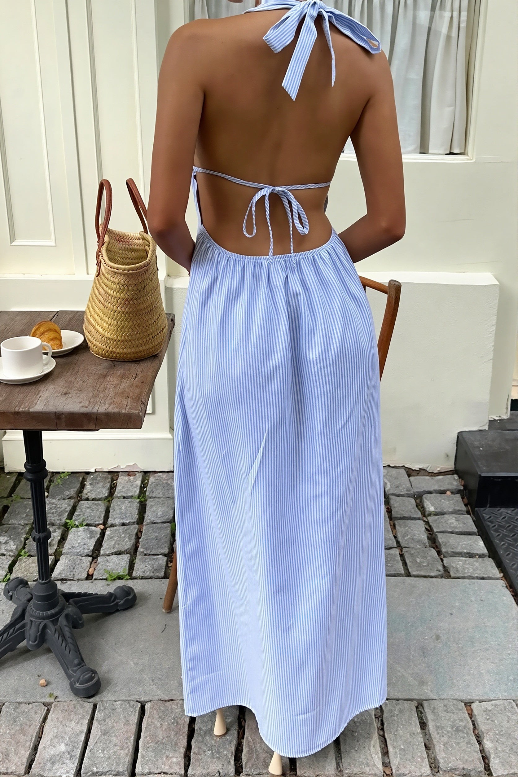 Women's Striped Halter Maxi Dress - Backless Lace-Up Design