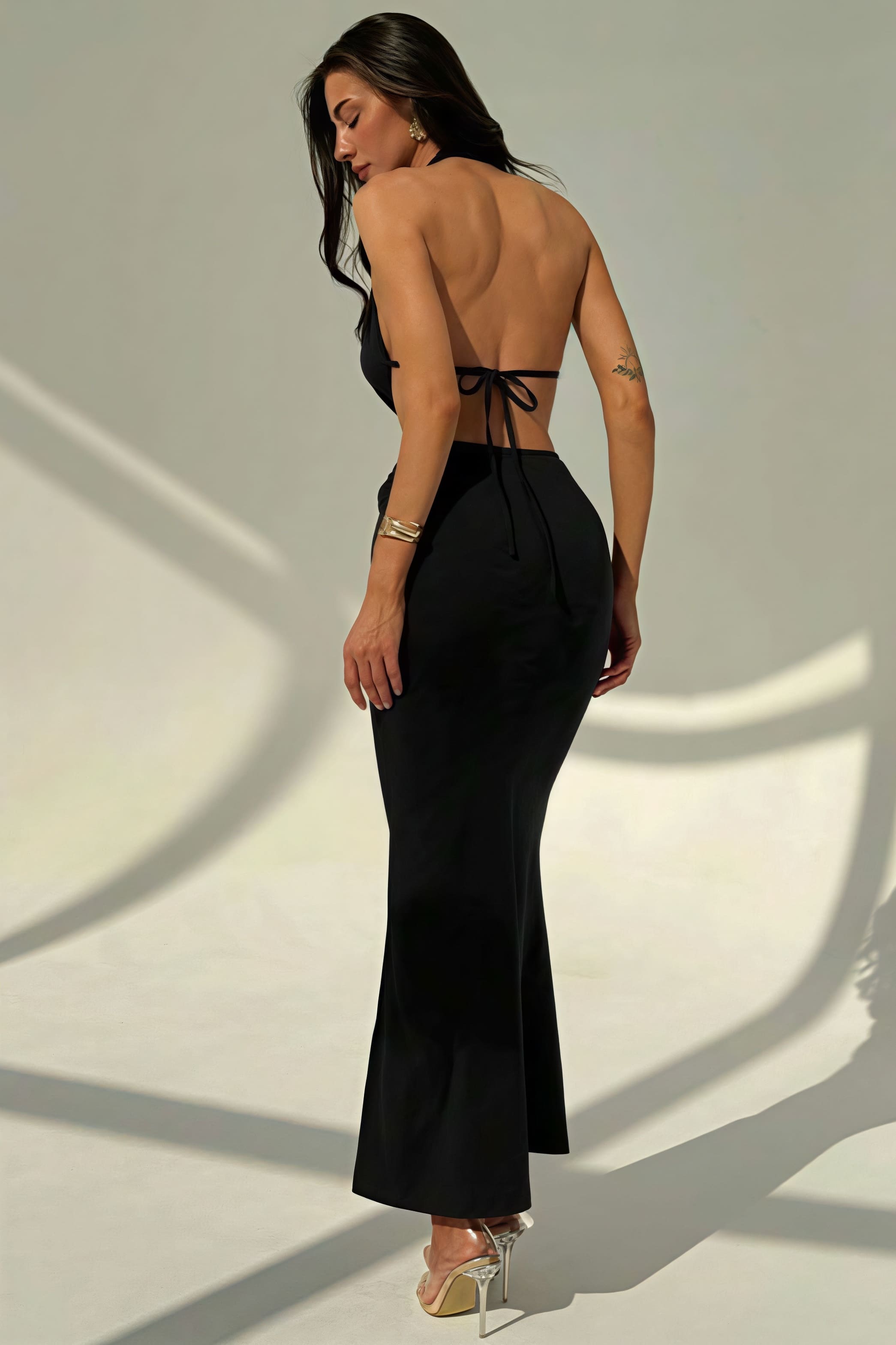 Women's Deep V-Neck Maxi Dress - Backless Bodycon & Metal Detail