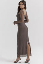 Women's Mesh Long Sleeve Maxi Dress - Sheath Fit & Lace Patchwork