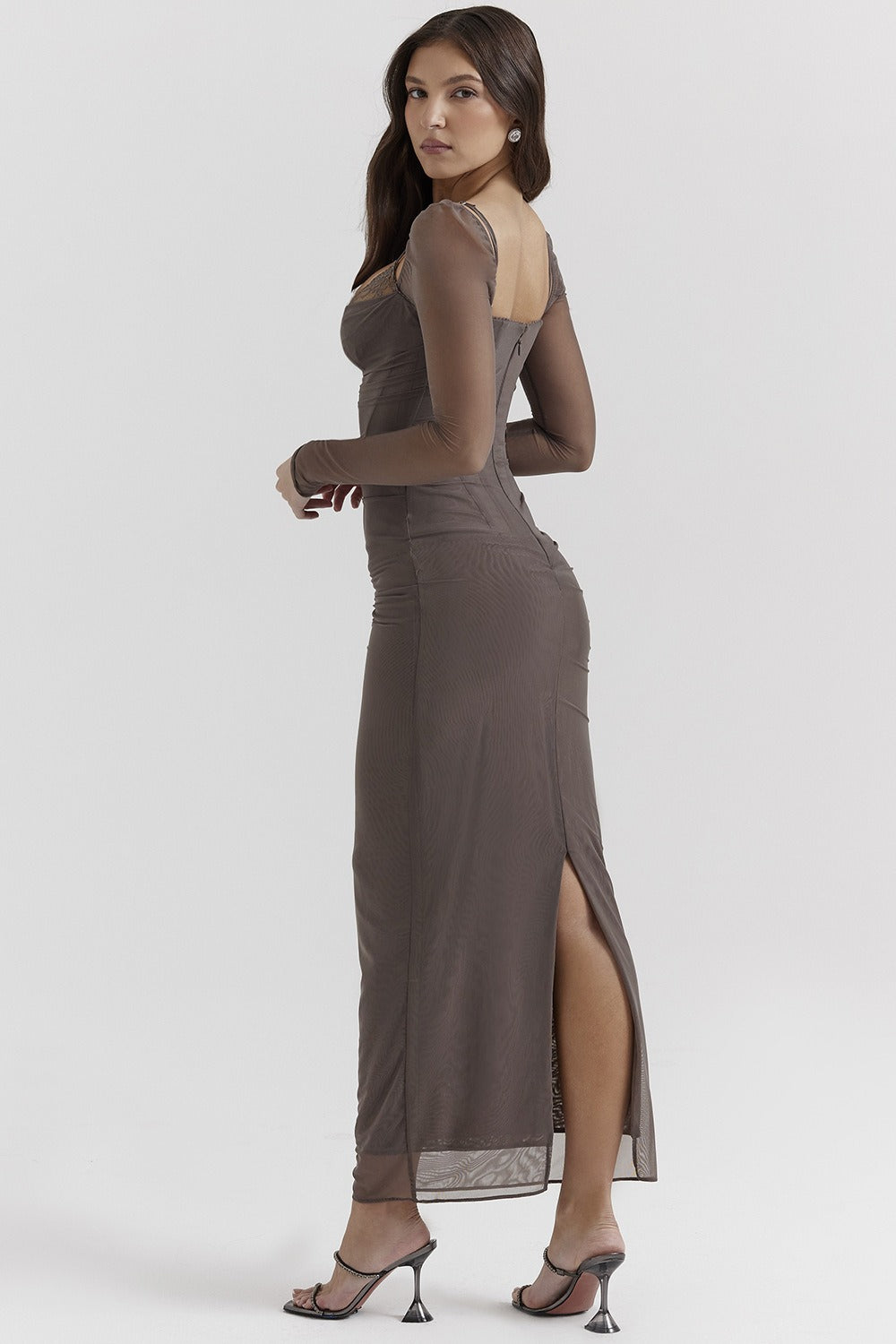 Women's Mesh Long Sleeve Maxi Dress - Sheath Fit & Lace Patchwork