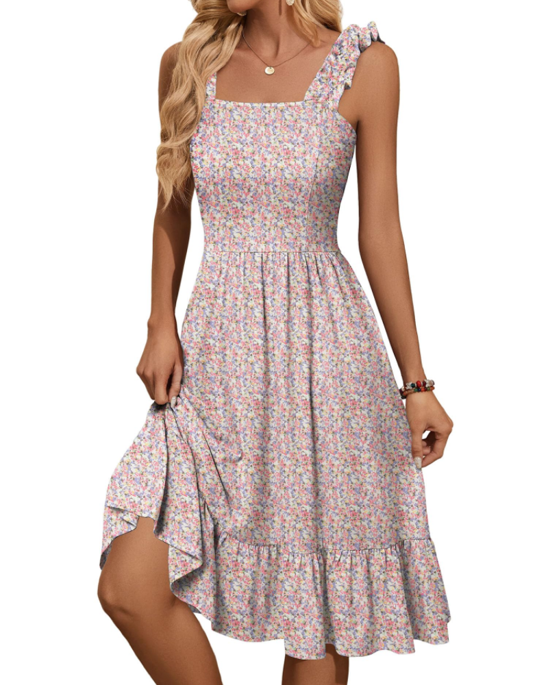 Women's Square Neck Midi Dress - A-Line with Ruffled Straps