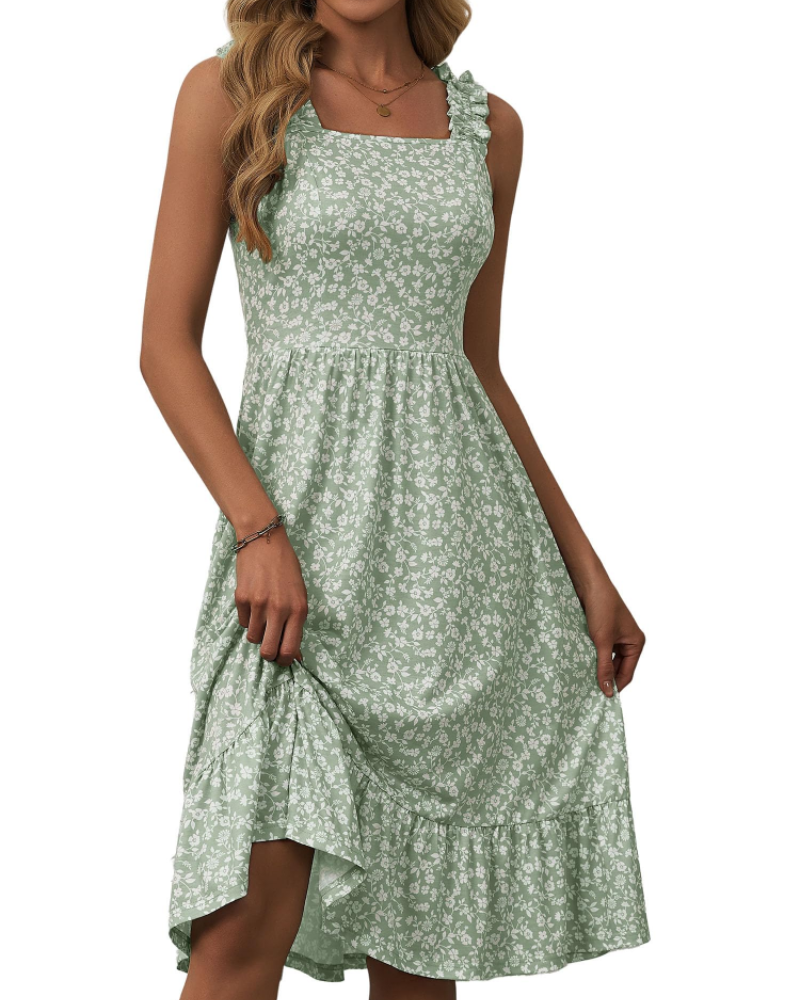 Women's Square Neck Midi Dress - A-Line with Ruffled Straps