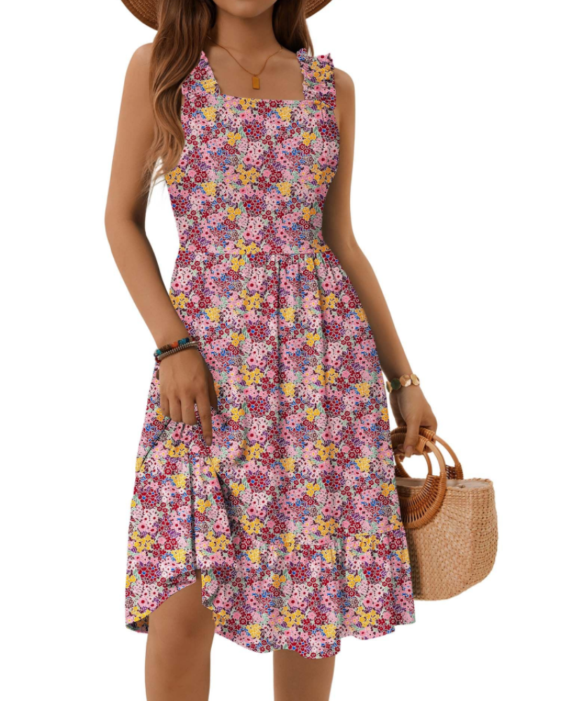 Women's Square Neck Midi Dress - A-Line with Ruffled Straps