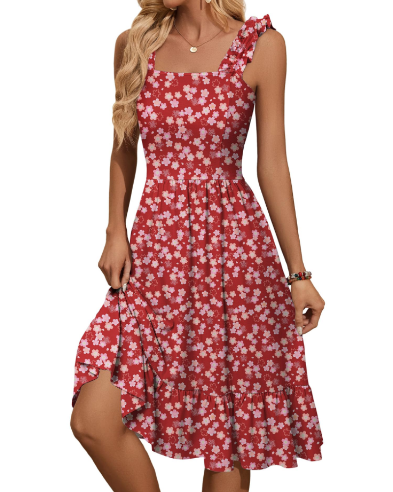 Women's Square Neck Midi Dress - A-Line with Ruffled Straps