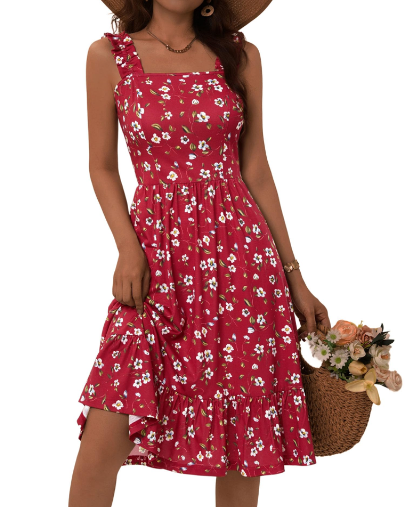 Women's Square Neck Midi Dress - A-Line with Ruffled Straps