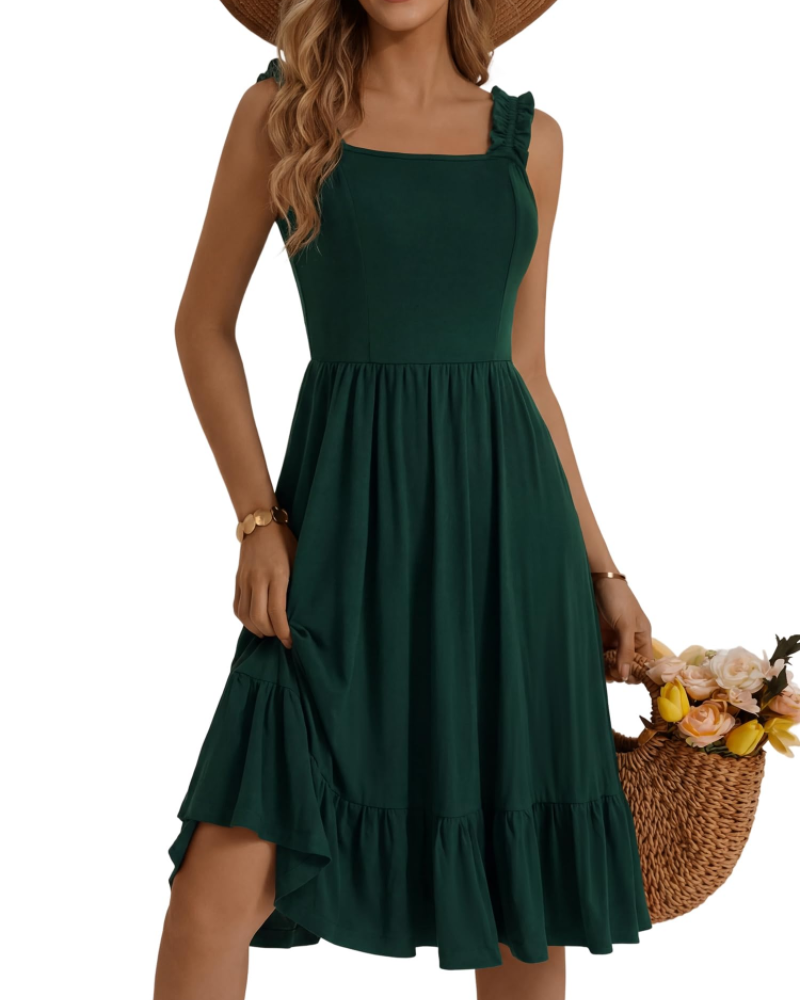 Women's Square Neck Midi Dress - A-Line with Ruffled Straps