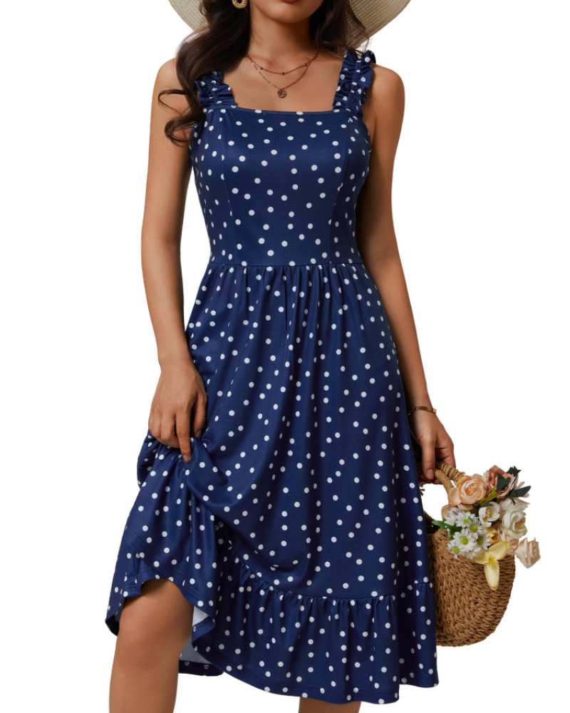Women's Square Neck Midi Dress - A-Line with Ruffled Straps