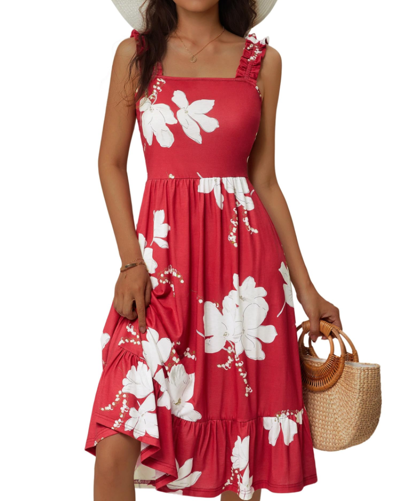 Women's Square Neck Midi Dress - A-Line with Ruffled Straps