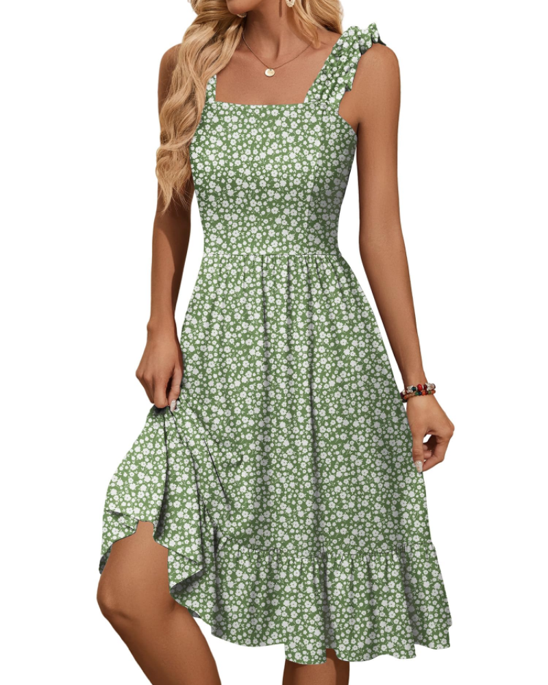 Women's Square Neck Midi Dress - A-Line with Ruffled Straps