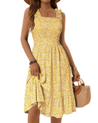 Women's Square Neck Midi Dress - A-Line with Ruffled Straps